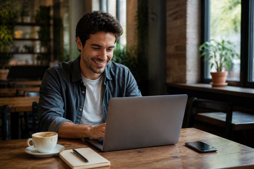 A solo founder smiling at a laptop screen displaying a customer dashboard, sitting in a sunlit coffee shop with a notepad and smartphone beside a half-finished latte