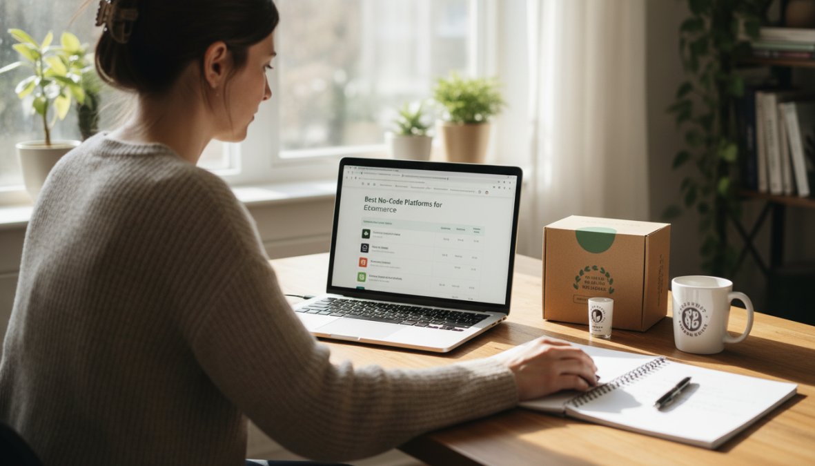 A small business owner sitting at a wooden desk with a laptop open to a product dashboard, notepad beside them, warm natural light coming through a window in a home office setting