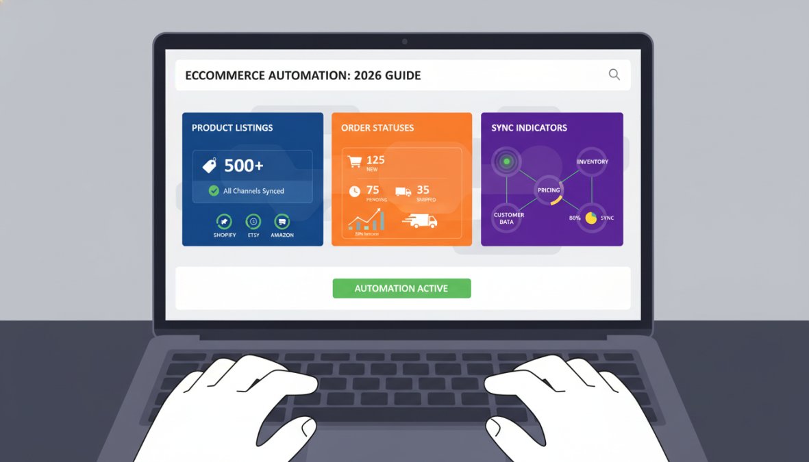 Close-up of hands typing on a laptop keyboard with a product management dashboard visible on screen, showing order statuses, inventory counts, and channel sync indicators in a clean home office setting