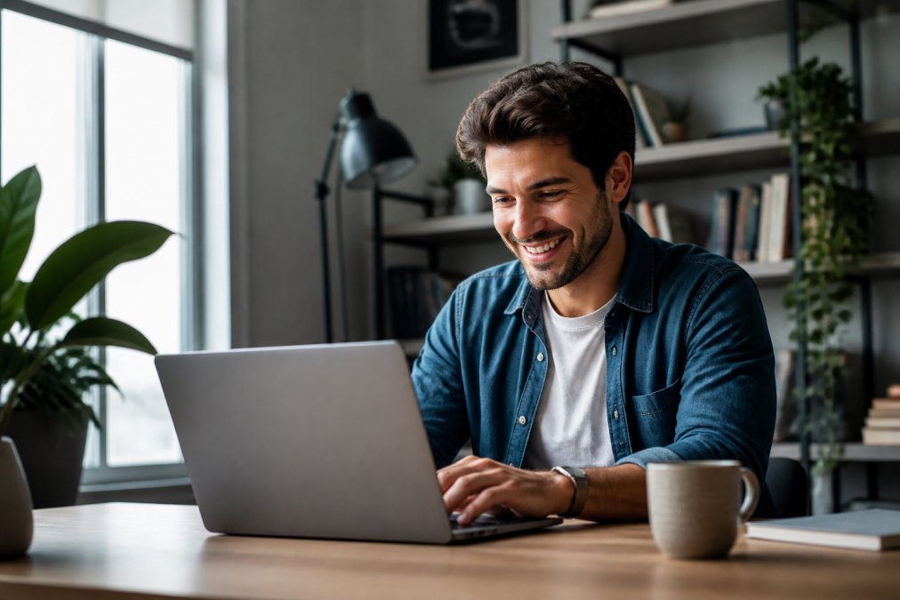 No Code Website Builder for Beginners: 7 Easy Picks A cheerful beginner entrepreneur smiling while working on a laptop showing a drag-and-drop website editor in a bright, modern home office with natural window lighting