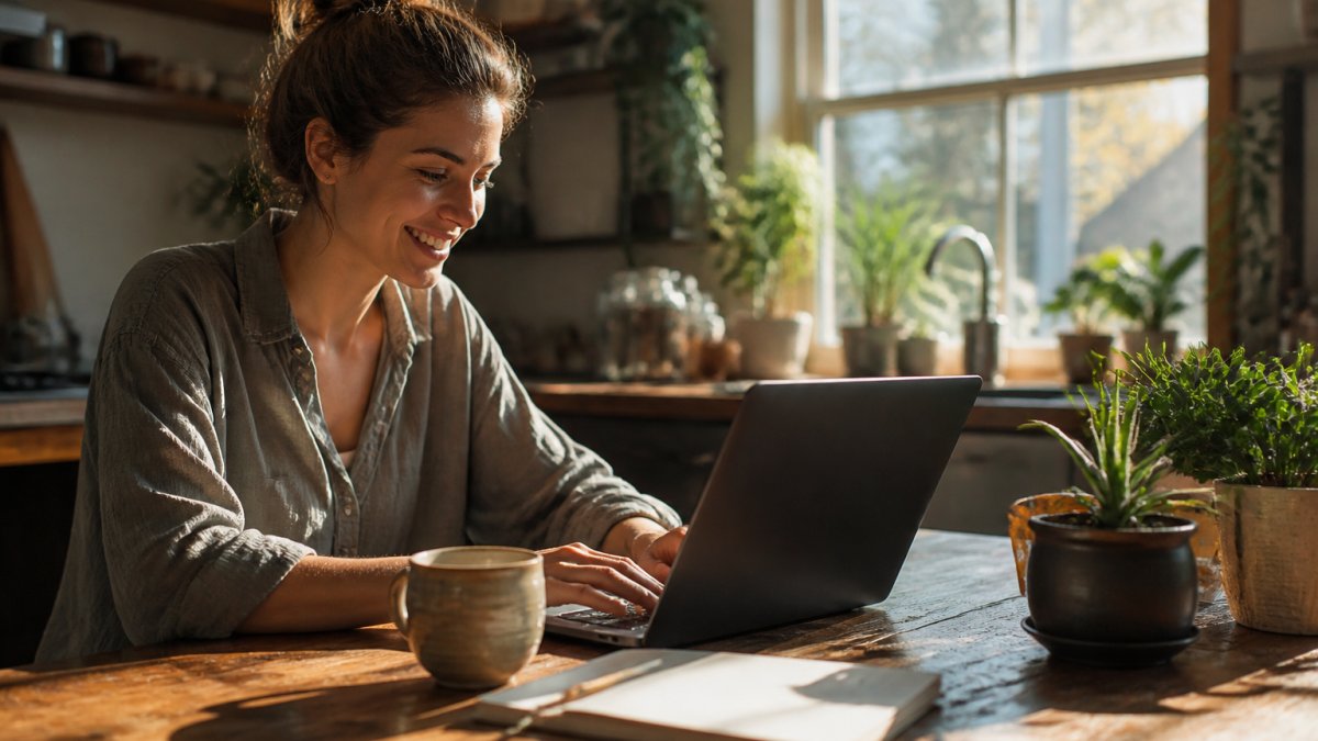 No-Code Website Building Course: A 2026 Guide Solo entrepreneur at a desk viewing their newly published website on a laptop screen, smiling with satisfaction, morning sunlight streaming through office windows with coffee and notebook visible nearby