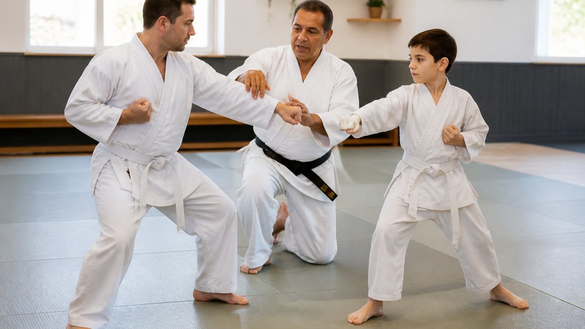 A beginner adult and a child practicing basic martial arts moves with an instructor in a bright, welcoming dojo, showing supportive guidance and focus