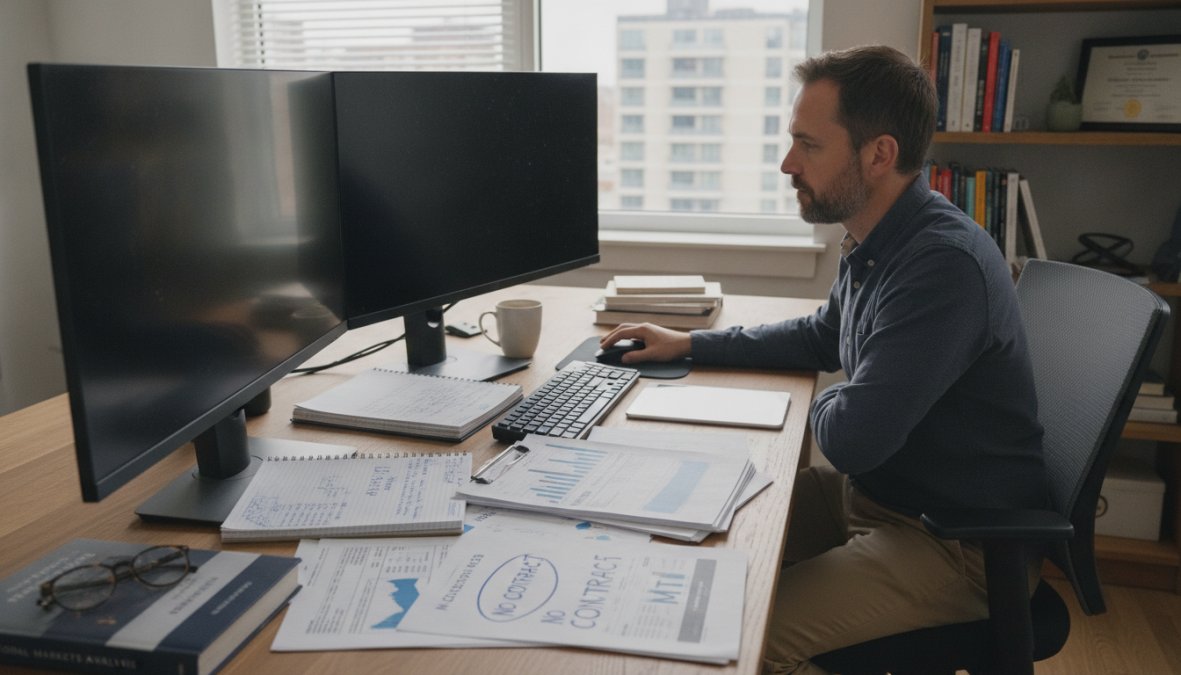 A focused trader at a dual-monitor desk reviewing live MT5 charts and trading dashboards in a modern home office setup, warm desk lamp lighting and a coffee cup nearby