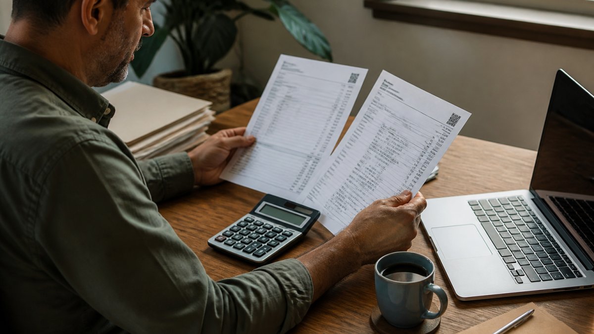 A small business owner at a wooden desk reviewing bank statements and a laptop showing a loan application form, coffee cup and calculator nearby, warm natural light