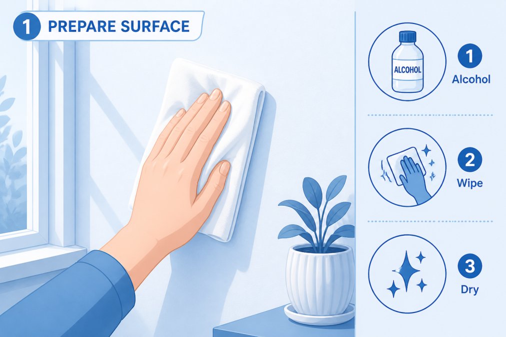 Close-up of hands wiping a clean white wall with a white cloth dampened with rubbing alcohol, showing proper surface preparation technique in bright natural light