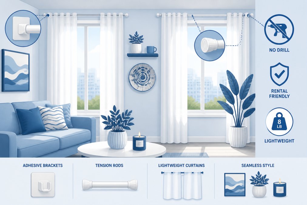 Bright apartment interior with large windows featuring lightweight white curtains hung with adhesive brackets and tension rods, showing how no-drill solutions blend seamlessly with modern minimalist décor and natural light
