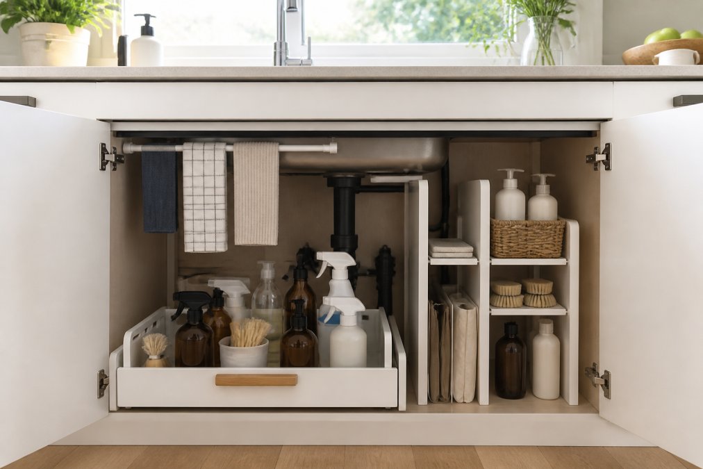 Open under-sink cabinet with a pull-out drawer organizer holding cleaning supplies, a tension rod securing cleaning cloths, and vertical shelf dividers arranged in a modern minimalist aesthetic with soft natural lighting from the kitchen window