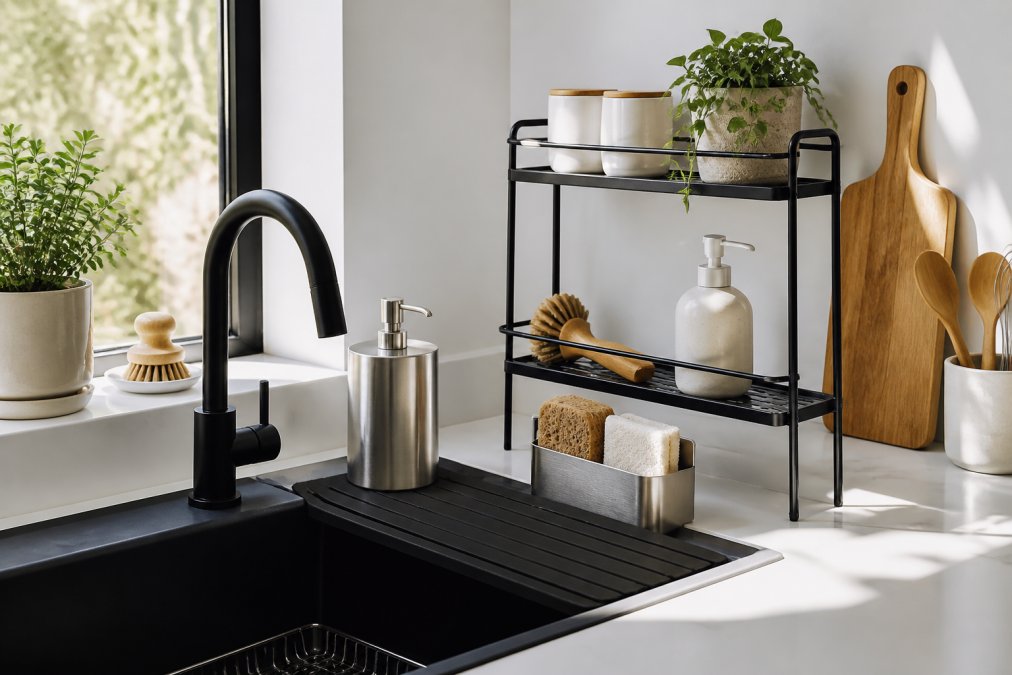 Minimalist Scandinavian-inspired kitchen sink area with a two-tier metal shelf organizer holding neatly arranged white ceramic containers, a black silicone splash mat under the faucet, a stainless steel sponge holder, and a single potted plant, photographed in bright morning light