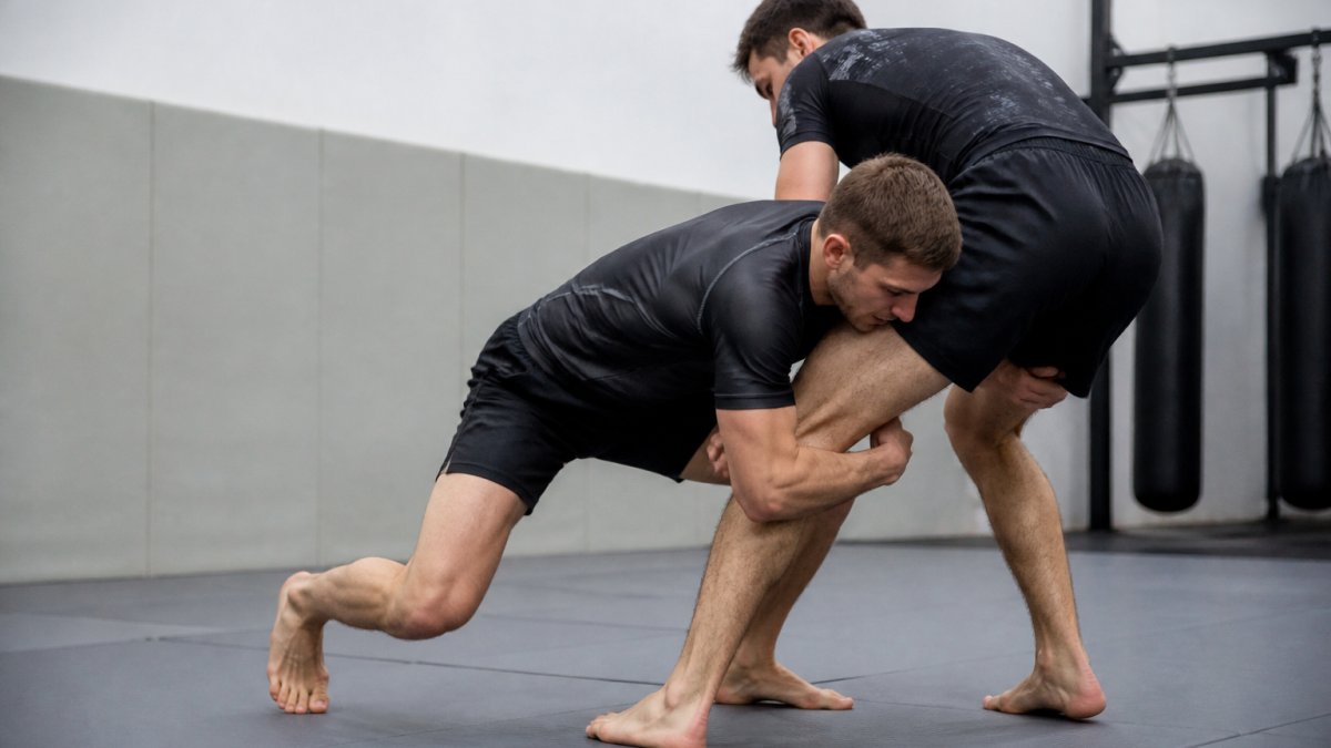 Grappler mid-training wearing fitted rashguard and grappling shorts, executing a takedown during no-gi drill with dynamic movement and proper fit visible