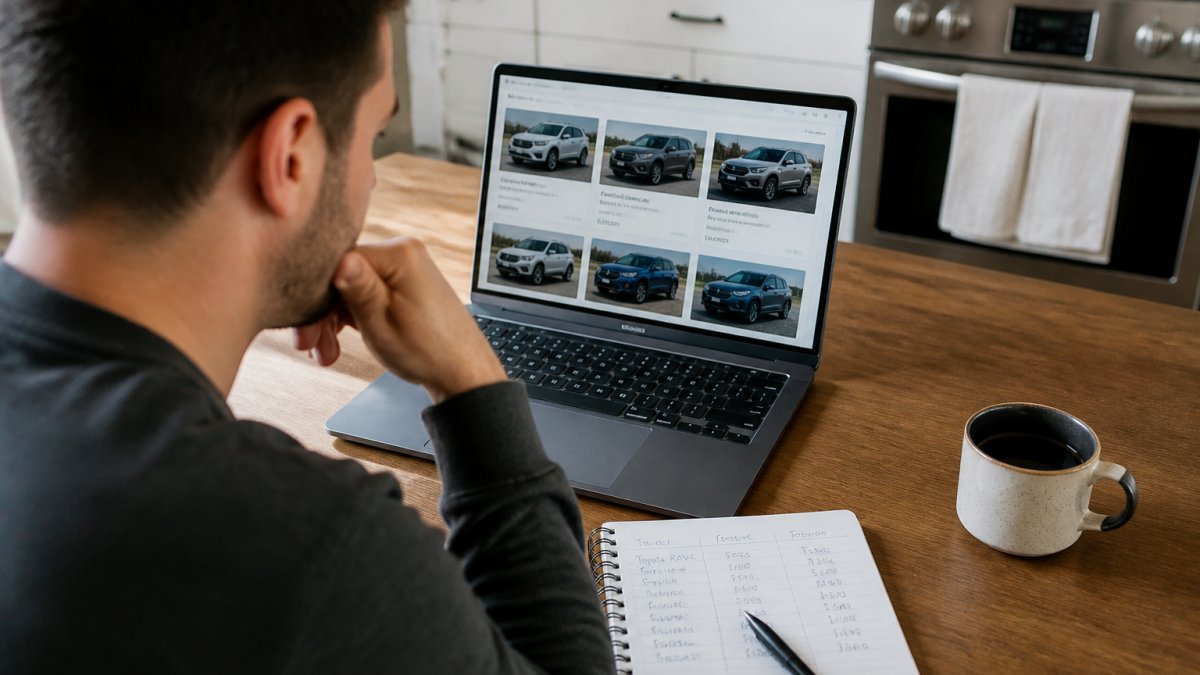 A car buyer at a kitchen table with a laptop showing used car listings, a notebook with handwritten price comparisons, and a coffee mug nearby