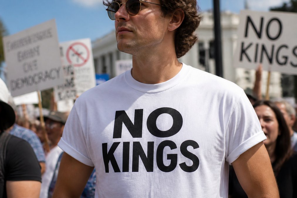 Close-up of a person wearing a bold white screen-printed graphic tee reading 'NO KINGS' at an outdoor daytime rally, crowd of protesters visible in the background, natural sunlight, motion blur on surrounding signs