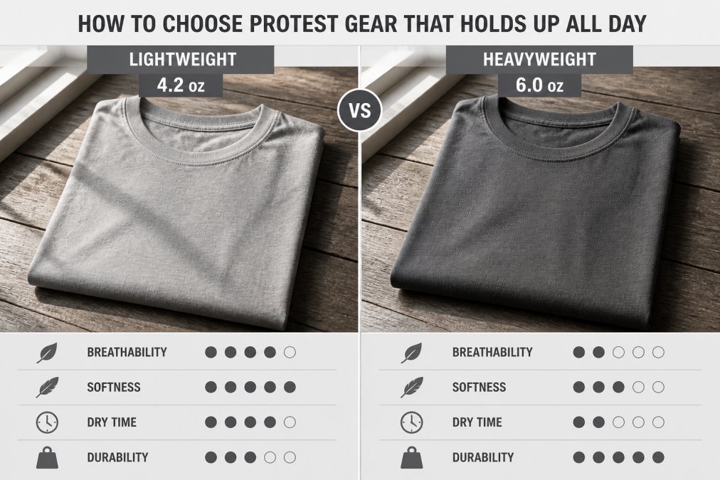 Flat lay of two folded cotton protest tees in different weights placed side by side on a worn wooden surface, natural window light from the left showing fabric texture, crew neck detail visible on both