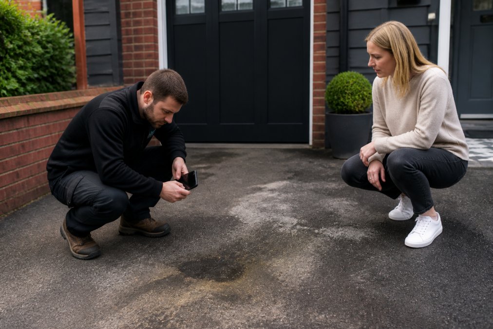 Professional exterior cleaning specialist examining driveway surface with oil stains, crouching to inspect closely and photographing the affected area in natural daylight