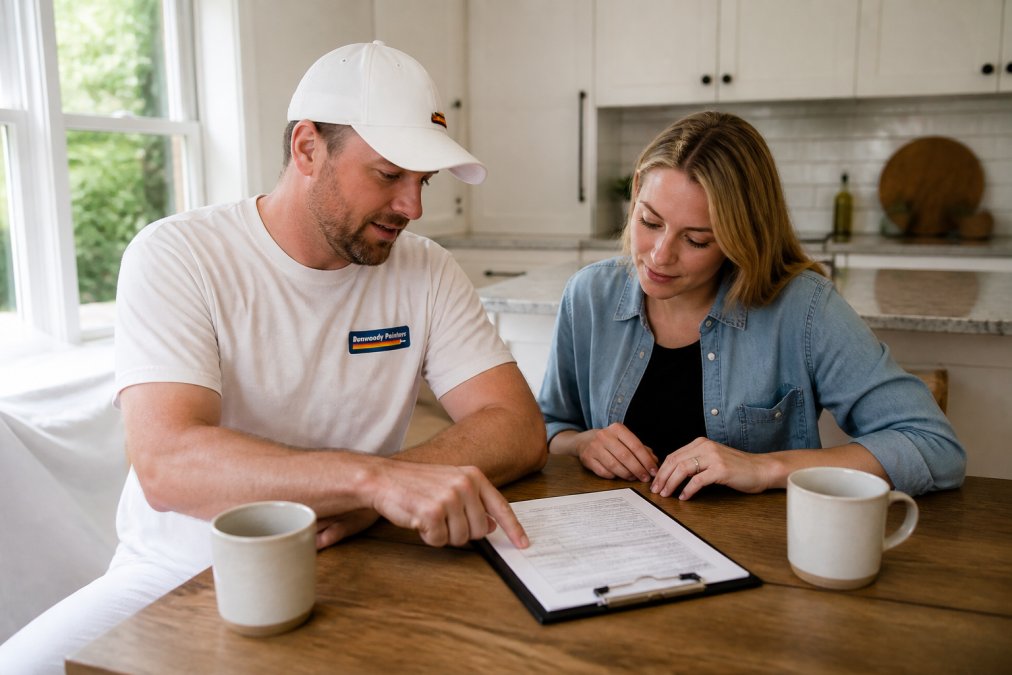 A homeowner and painting contractor reviewing a detailed payment schedule document at a kitchen table, with a clipboard and coffee cups visible, natural light coming through a window