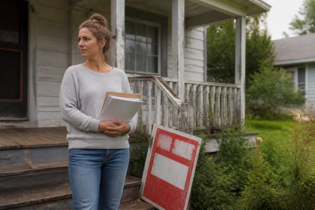 Heir holding probate paperwork on the porch of an inherited house for estate planning sales