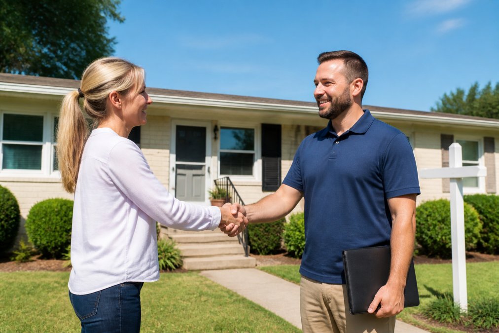 A homeowner and a cash buyer representative shaking hands in front of a modest single-story rental house with a 'For Sale' sign, both smiling, bright daylight, no visible repairs needed