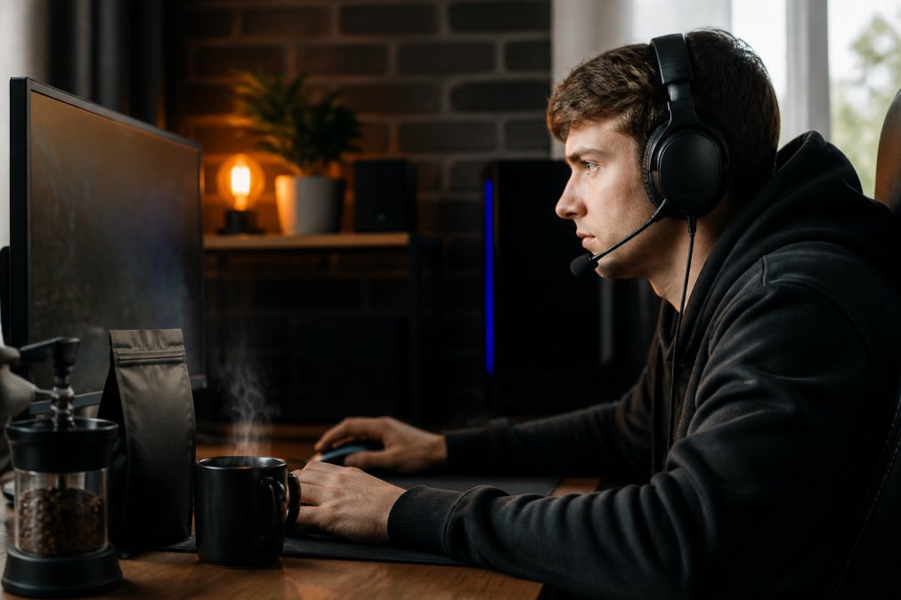 A gamer at a desk with a steaming mug of black coffee, headset on, focused on the screen, with a bag of whole bean coffee and a grinder visible nearby in a dimly lit room with RGB lighting