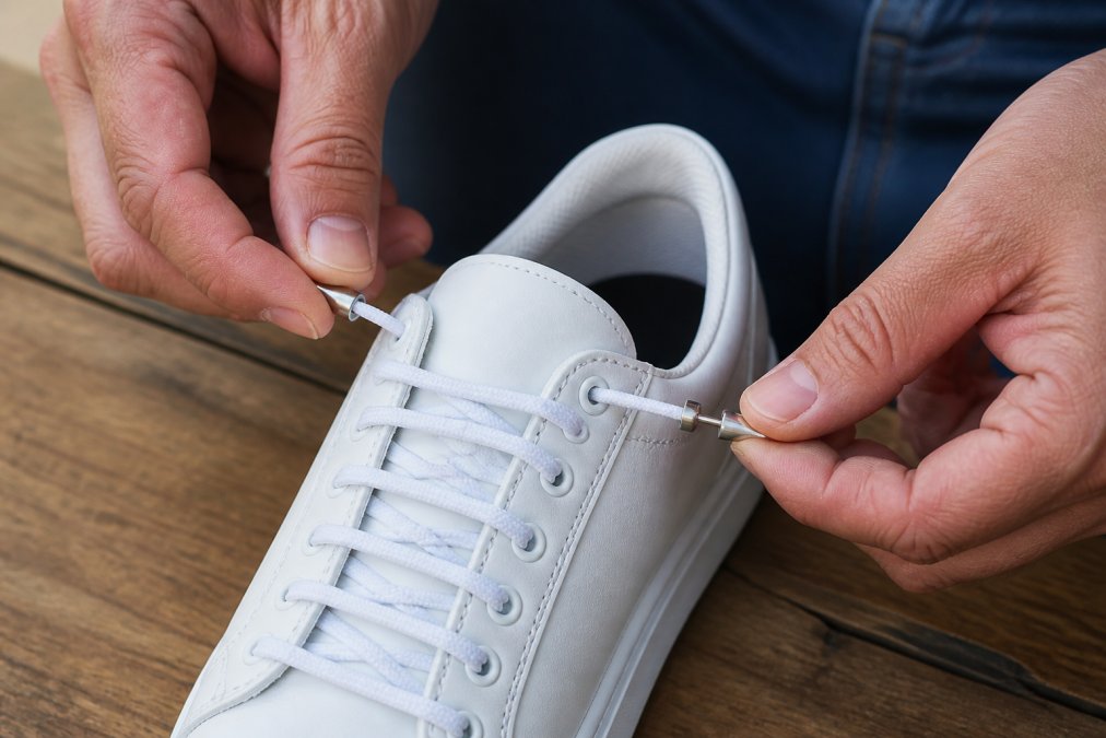Close-up of hands installing elastic no-tie laces into a white sneaker, showing the push-and-pull insertion method with the lace being threaded through the top eyelets with clear visibility of the metal locking hardware