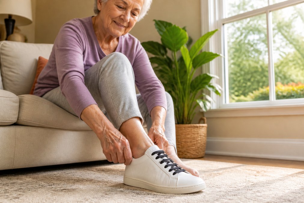 Senior woman with visible hand wrinkles and slight tremor easily slipping her foot into a white sneaker with elastic no-tie laces already installed, showing relaxed facial expression and natural lighting from a sunny window