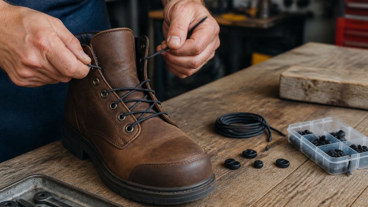Close-up of hands threading elastic no-tie laces through the metal eyelets of a sturdy brown leather work boot on a wooden workbench, with lace anchors and a small tool tray nearby in bright workshop lighting