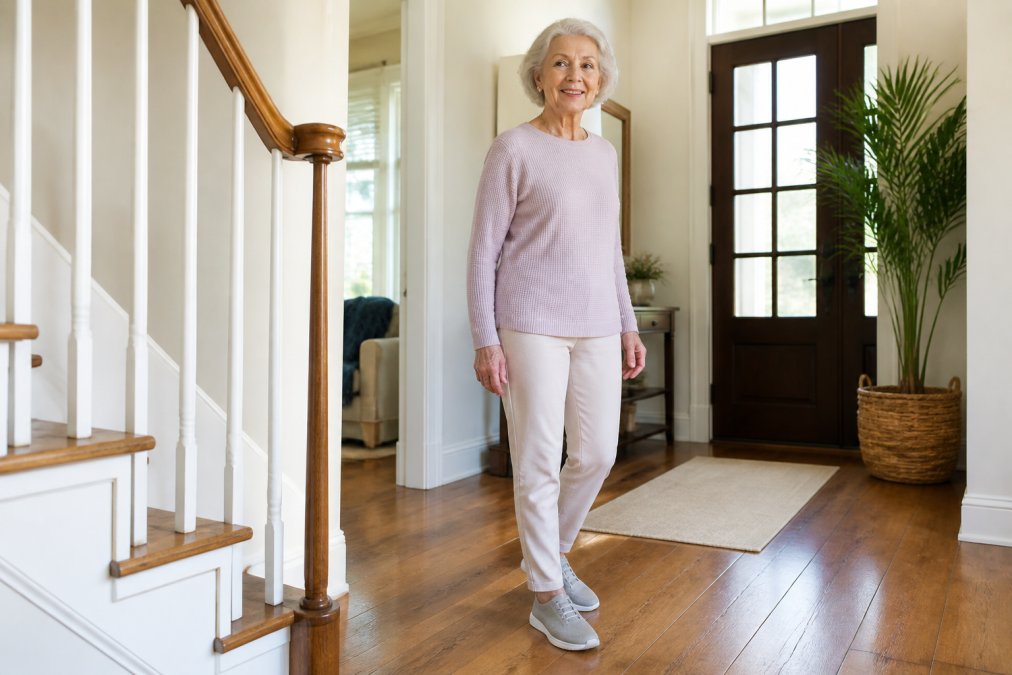Senior wearing slip-on sneakers with no-tie elastic laces, standing confidently with proper upright posture and balanced stance on a wooden floor in bright natural lighting