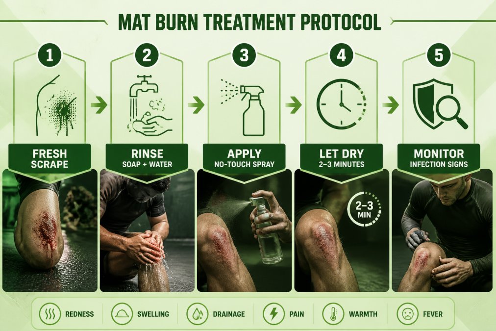 Five-step flowchart illustrating the proper protocol for treating mat burns on skin