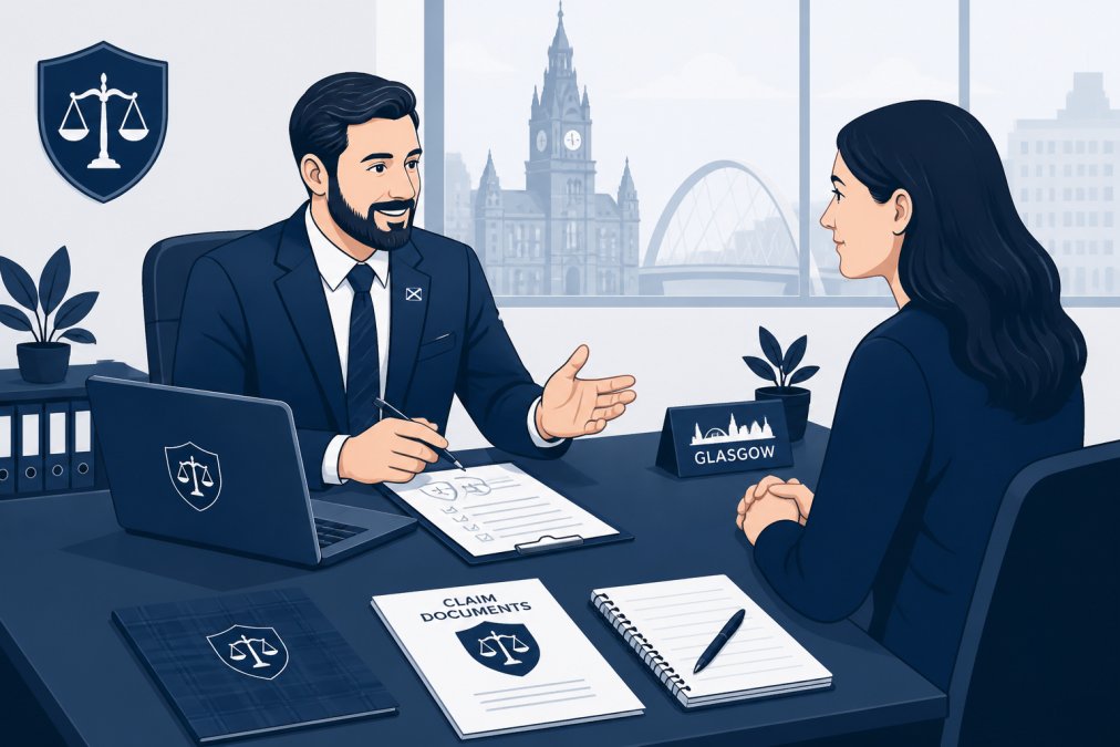 Scottish solicitor and client in a Glasgow office consultation meeting, with documents and laptop on desk between them, professional but approachable setting with natural light