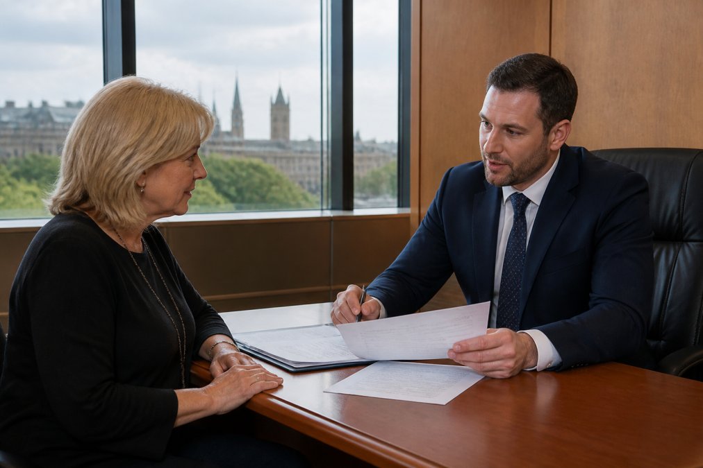 Professional solicitor and client sitting at wooden desk reviewing personal injury claim documents together in modern Glasgow law office with natural window lighting