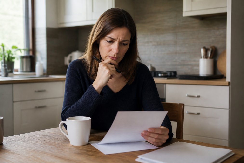 A person sitting at a kitchen table reviewing a legal document with a pen and a cup of tea, looking thoughtful and slightly concerned