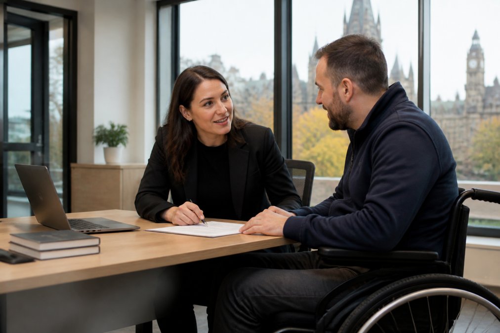 A person in a wheelchair being supported by a friendly legal advisor in a bright, modern office in Scotland, with paperwork and a laptop on the desk