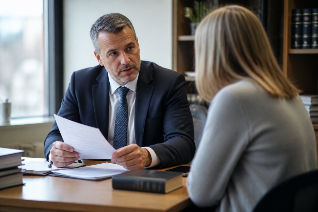 Professional solicitor in business attire sitting at desk reviewing documents with client across from them in modern law office with natural lighting