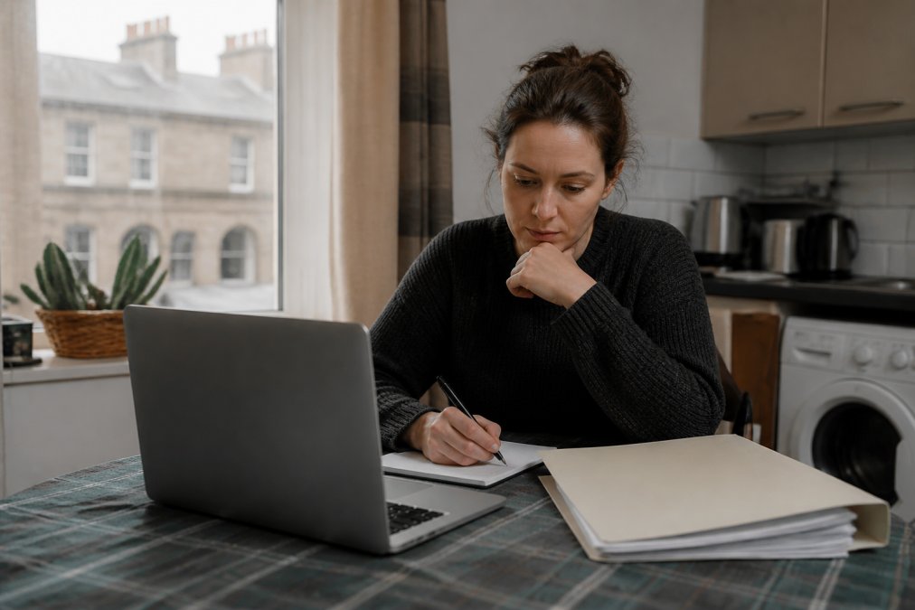 A person sitting at a kitchen table in a Glasgow flat with a laptop, a notepad and a folder of documents, looking focused while researching legal options in soft window light