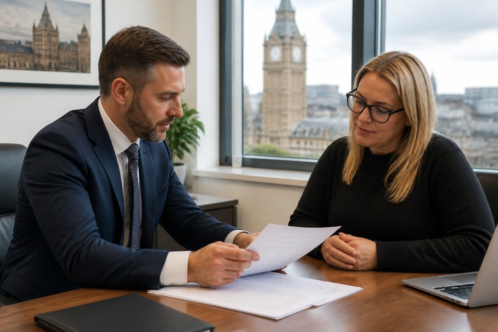 A claimant sitting with a solicitor in a bright Glasgow office, paperwork and a laptop on the desk, discussing a medical report for a whiplash claim