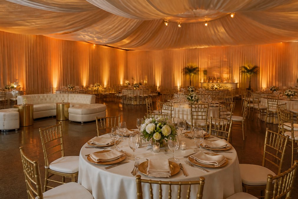 Elegant event space interior with draped ceilings in soft ivory fabric, tufted lounge furniture, and warm amber up-lighting along the walls, set for a wedding reception with round tables and low floral centerpieces