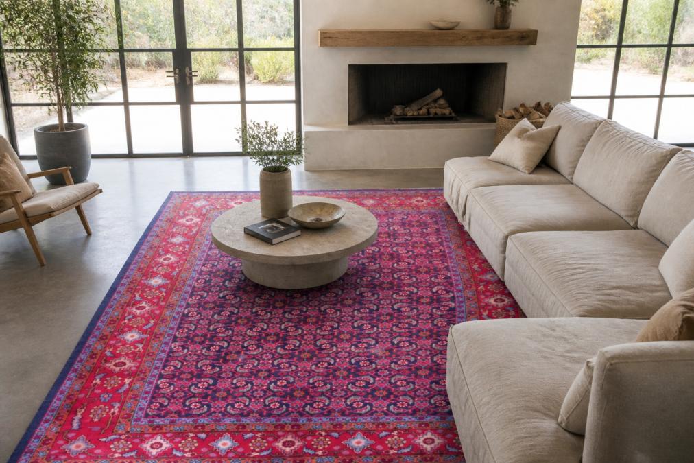 Nomadic vintage rug layered in a contemporary living room with neutral linen furniture, concrete flooring, and natural light streaming through large windows