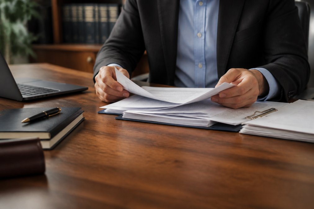 Professionelle Geschäftsumgebung mit Laptop, Notizbuch und Unternehmensunterlagen auf einem Schreibtisch, Hände einer Person, die Dokumente durchsieht