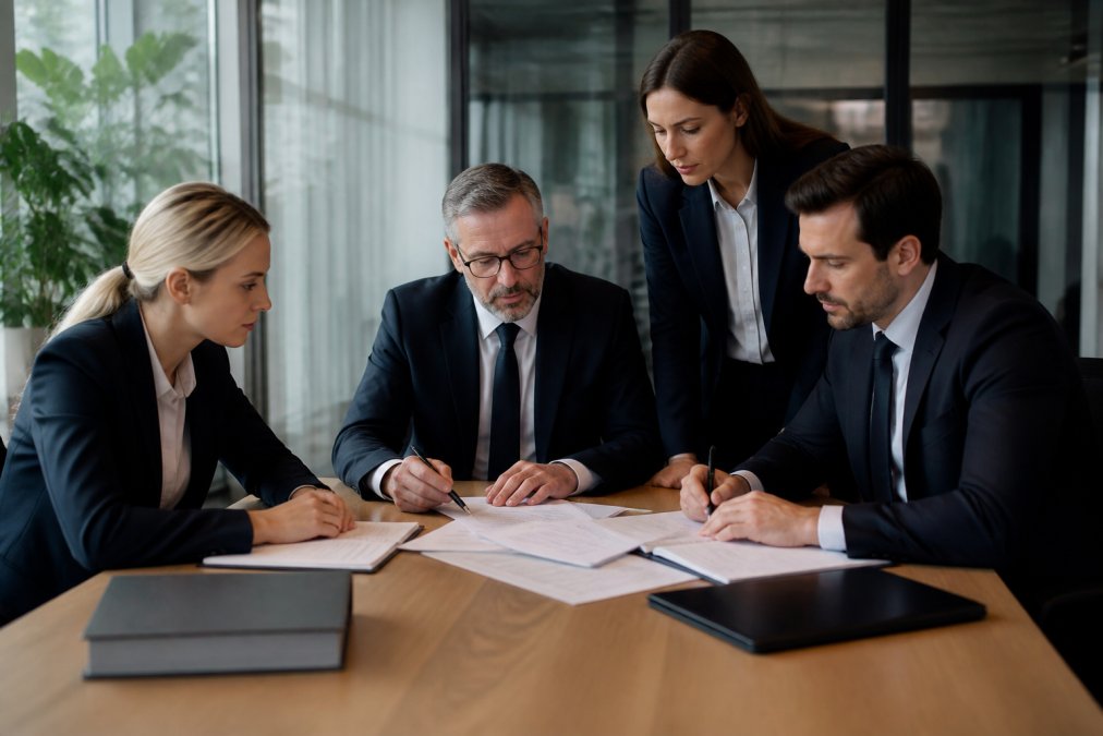 Team von Rechtsanwälten und Steuerberatern in professioneller Besprechung mit Dokumenten und Notizen auf dem Tisch, modernes Büro