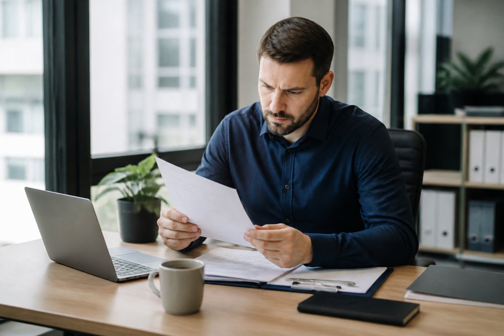 A startup founder reviewing legal documents at a desk with a laptop and a cup of coffee, in a modern office setting, natural daylight from a window