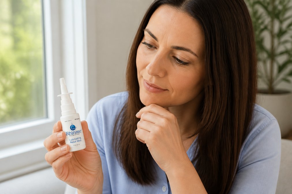 Person holding a nasal spray bottle, examining the ingredient label closely in natural daylight, with a clear expression of understanding
