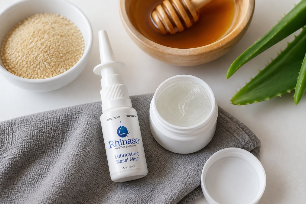 Flat lay arrangement of nasal spray and gel bottles with natural ingredients like sesame oil and honey visible, organized on a clean white surface