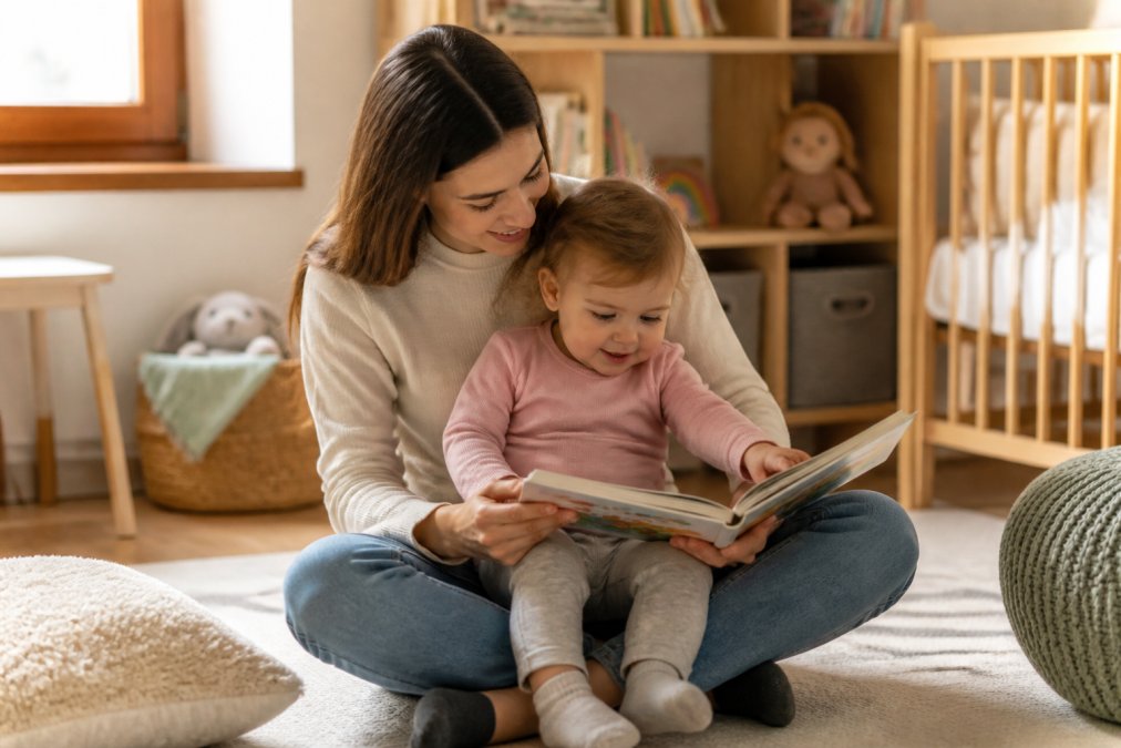 A parent sitting cross-legged on a nursery floor reading a board book to a toddler, warm natural light, bookshelf in background