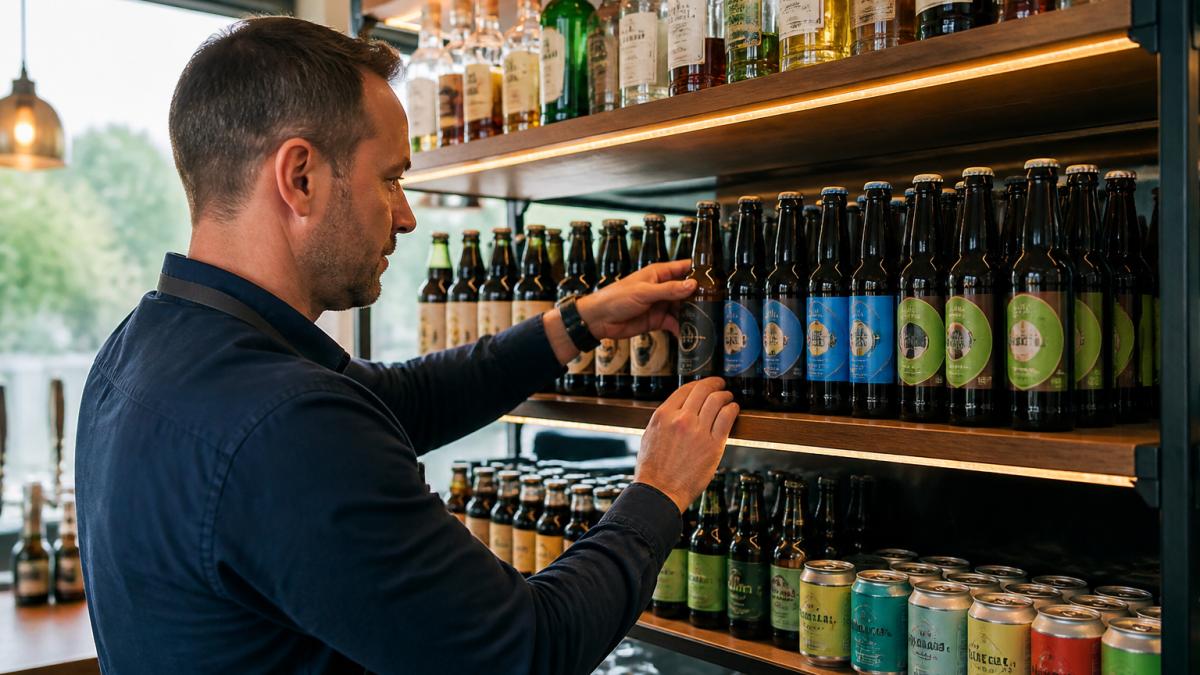 Bartender arranging a selection of non-alcoholic beers on shelves in a warmly lit pub display
