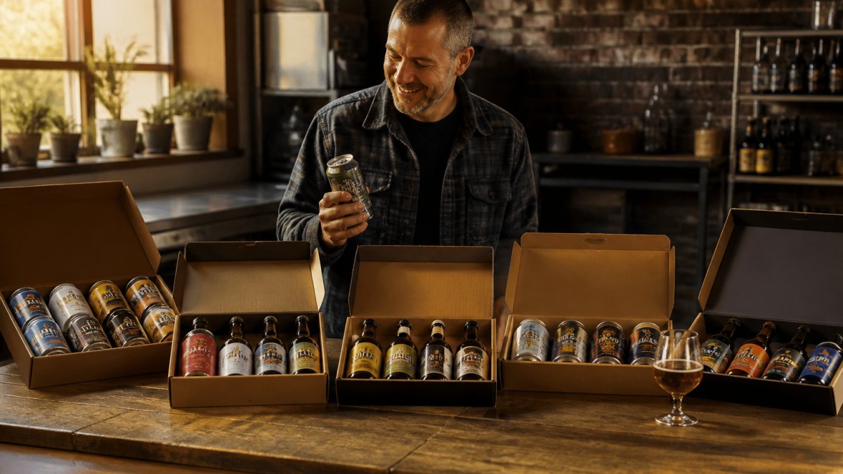 A wooden table with five open gift boxes of alcohol-free beer, cans and bottles visible, a branded glass beside one box, warm evening light