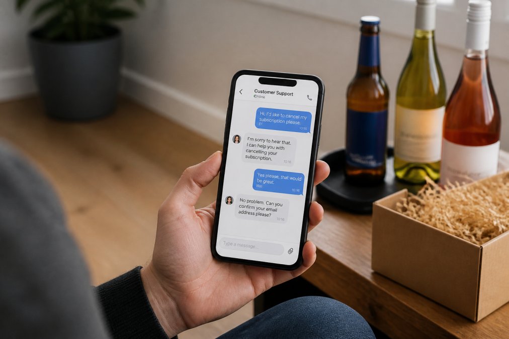 Person holding a smartphone with a customer service chat open, showing subscription cancellation request, with alcohol-free beer and wine bottles visible on a nearby table