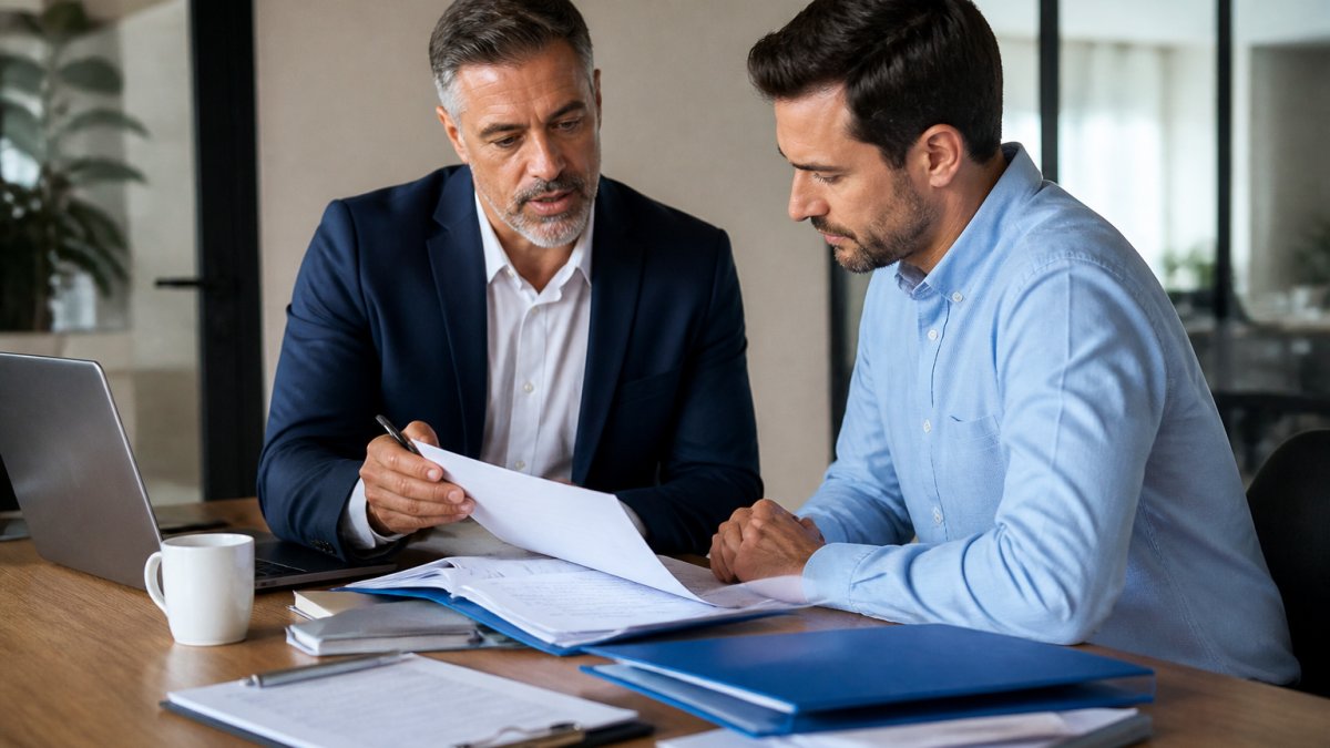 Professional financial advisor and business owner reviewing loan documents and discussing terms at modern desk with laptop, files, and coffee