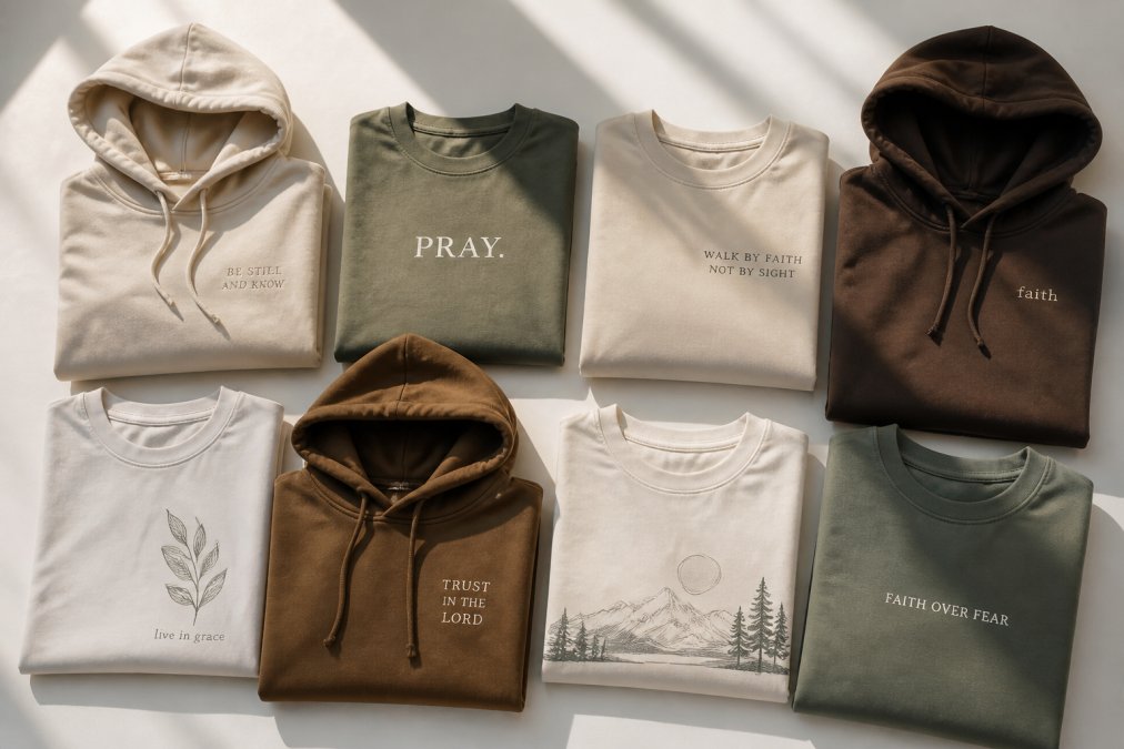 Flat lay of several neatly folded graphic tees and hoodies in neutral earth tones arranged on a clean white surface, with subtle faith-inspired text visible on the garments, shot in bright natural overhead light