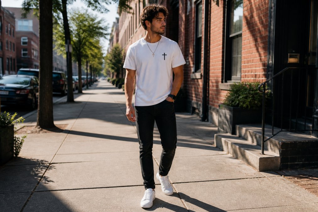 A young adult wearing a minimalist faith-based graphic tee in washed white, styled with dark slim jeans and clean white leather sneakers, standing on a sunlit urban sidewalk with brick buildings in the background, natural afternoon light