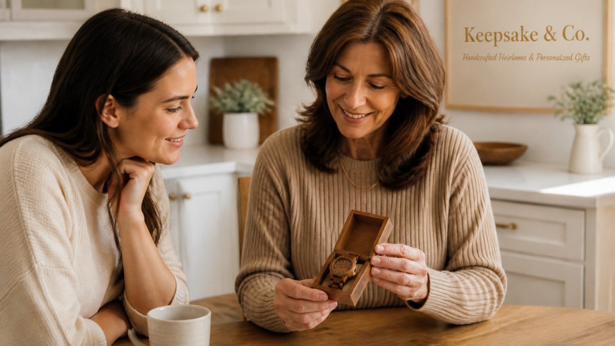 Daughter gifting a wooden watch to her mother at a kitchen table to illustrate a non-clutter keepsake process