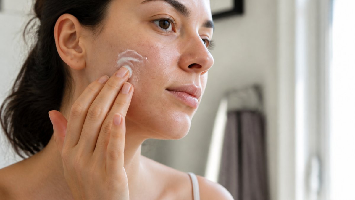 Close-up of a person with acne-prone skin applying a lightweight cream to their face, showing the texture and finish absorbing into skin with natural morning light