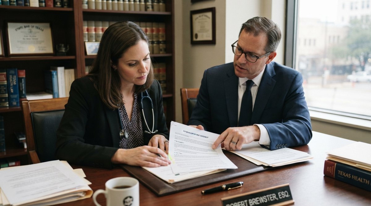 Physician and legal advisor reviewing contract terms including non-compete clauses for physicians at a desk.